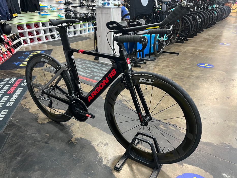 Argon 18 E-117 Tri SRAM Force 22 w/ZIPP 404 Firecrest Wheels - Silver Rabbit Black Gloss